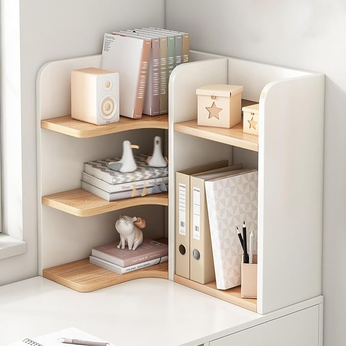 3-tier Corner Desktop Organizer Shelf, Wooden Desktop Bookshelf with Drawers, Multifunctional Desk Hutch Dorm, Desk Display Rack, Cube Storage Organizer Bookcase(White+Wood A-r,23.6x19.6x19.6'')