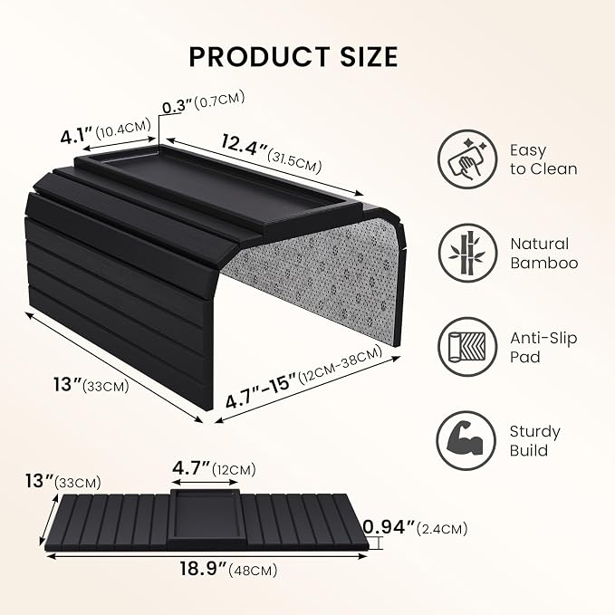 Sofa Arm Tray,Bamboo Folding Couch Arm Tray,Sofa Armrest Trays with Anti-Slip Pad for Drinks,Snacks,Phone,Remote Control（Black）