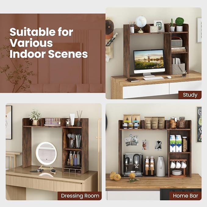 Desktop Bookshelf, 3-Tier Desk Organizer Shelves with 5 Display Rack, Countertop Storage Bookcase for Computer Desk, Desk Hutch Shelf for Top of Desk, Dorm, Home, Office (Rustic Brown)