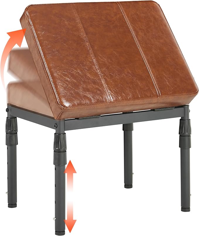 TIOPGHAD Adjustable Ottoman Pouf, 4 Height Position & 60 Degree Tilt Angle Synthetic Leather Ottomans Foot Stools Stool Pouffe FootStool Under Desk for Living Room Home Office(Brown Synthetic Leather)