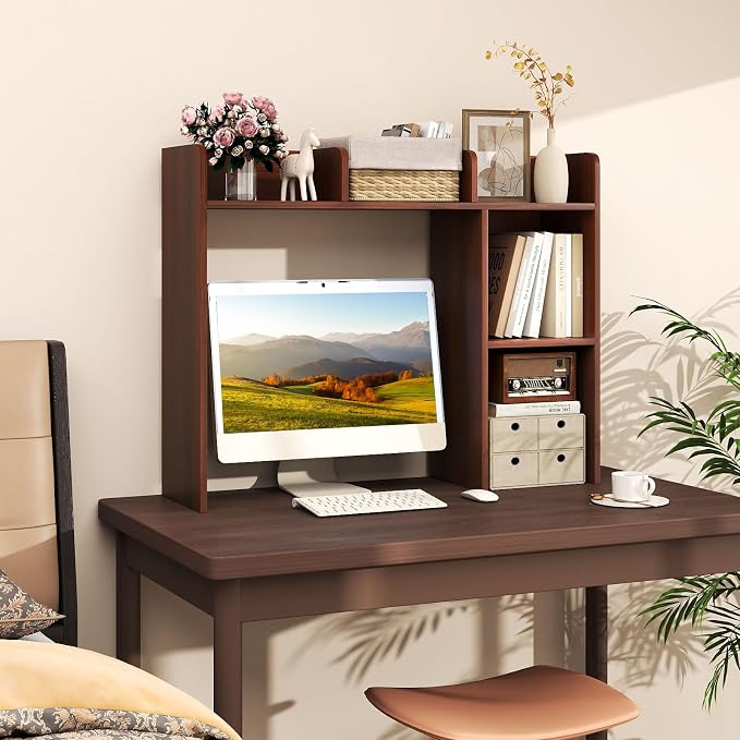 MAT EXPERT Desk Organizer, Wooden Desktop Shelf for 27 Inch Monitor with 5 Shelves & Non-Slip Foot Pads, Anti-Tipping Device, Multipurpose Desk Hutch for Study, Office, Dorm (Walnut)