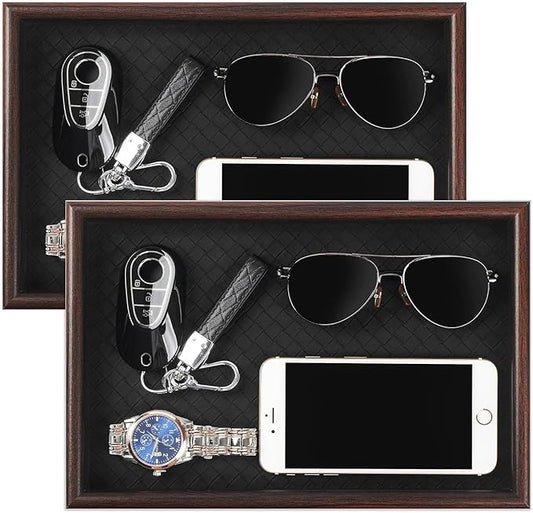 Wooden Valet Tray with Leather Base - Nightstand Catchall Organizer for Cologne, Perfume, Keys, Wallet, Phone, Watch, Jewelry & Sunglasses (2Pcs Black)