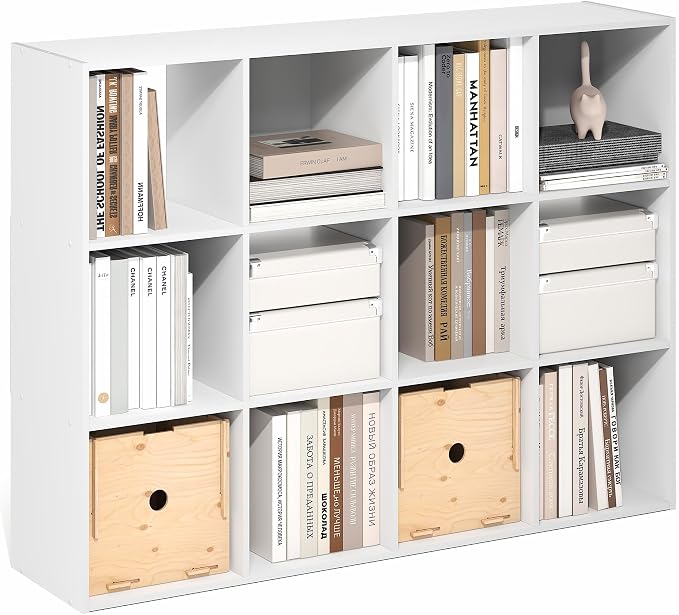 Furinno PELLI Book Shelf, 12-Cube Bookshelf, Cube Storage Organizer Bookcase, 11.7 x 47.6 x 36, for Living Room, Bedroom, Home Office, White
