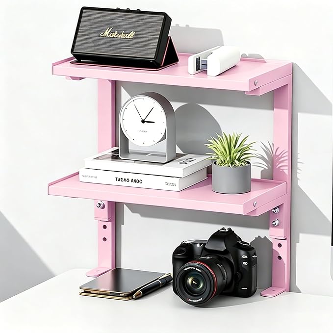 2-Tier Desk Shelf, Expandable Under Desk Storage, Clamp on Desk Shelf, Desktop Accessories for Offices, Study Rooms, and Game Rooms (Pink)