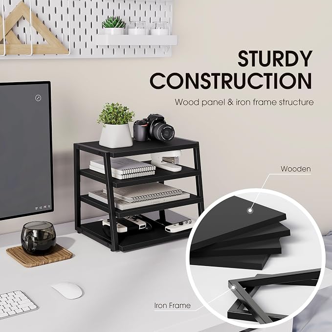 Fenge Desk Shelf Organizer, 4 Tier Desktop Shelf, Wood and Metal Office Shelves, Corner File Organizer for Office Supplies, Top of Desk Organizers and Accessories