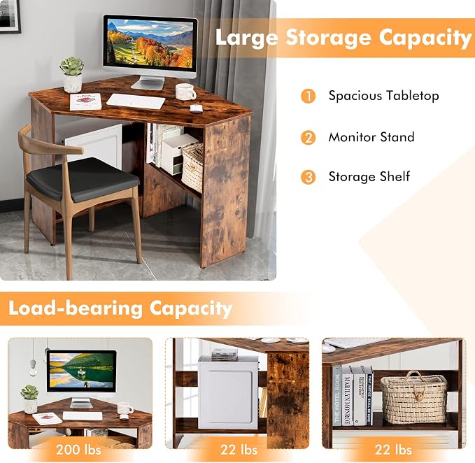 COSTWAY Corner Computer Desk, Space-Saving Triangular Writing Desk w/ 2 Storage Shelves & 2 Cable Holes, Multi-Functional Console Table for Small Space in Home Office, Living Room, Bedroom (Coffee)