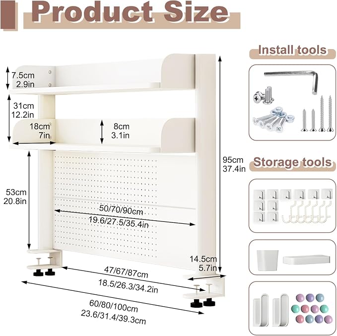 Clamp On Desk Organizer Shelf,White Desk Extender Pegboard Workstation,Computer Desk Accessories for Office, Desktop Shelving System,Desktop Bookshelf Storage Shelves for Desk,39.4in