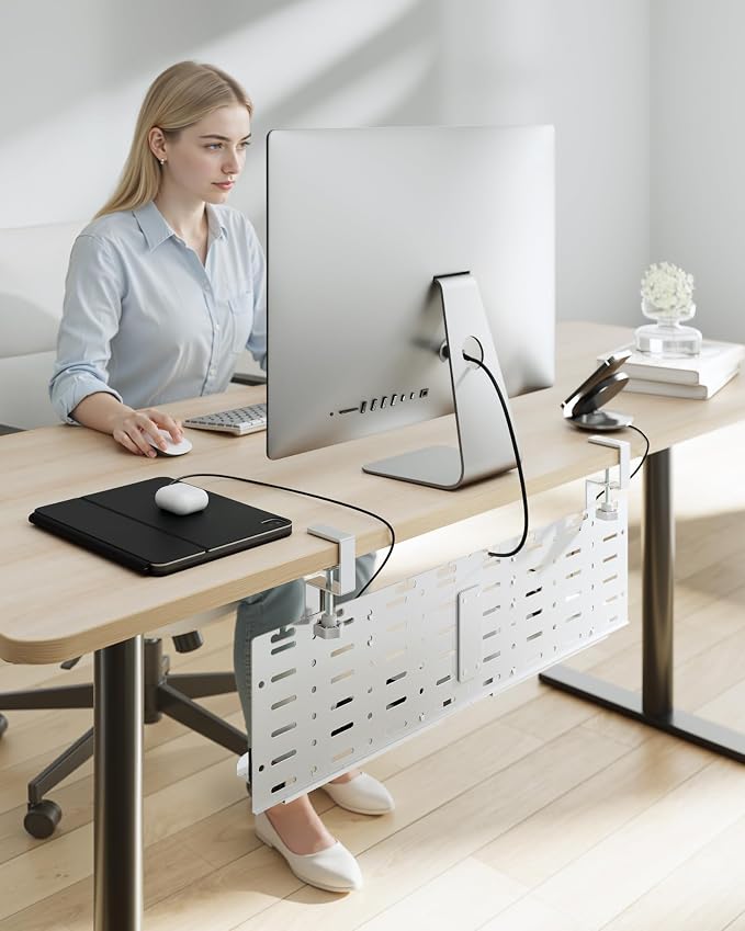 PEGZONE Under Desk Cable Management Tray, 30.2" Vertical Pegboard Organizer for Power Strip & Cords, with Hooks, Trays & Straps, No-Drill C-Clamp for Home Office, White
