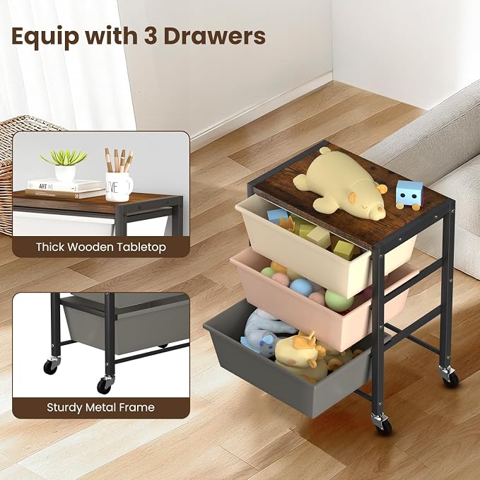 Rolling Cart with 3 Drawers, Plastic Drawer Storage Carts with Lockable Wheels & Wooden Tabletop, Metal Utility Cart Organizer, Office Bedroom Classroom Craft Organization and Storage, Dark Brown