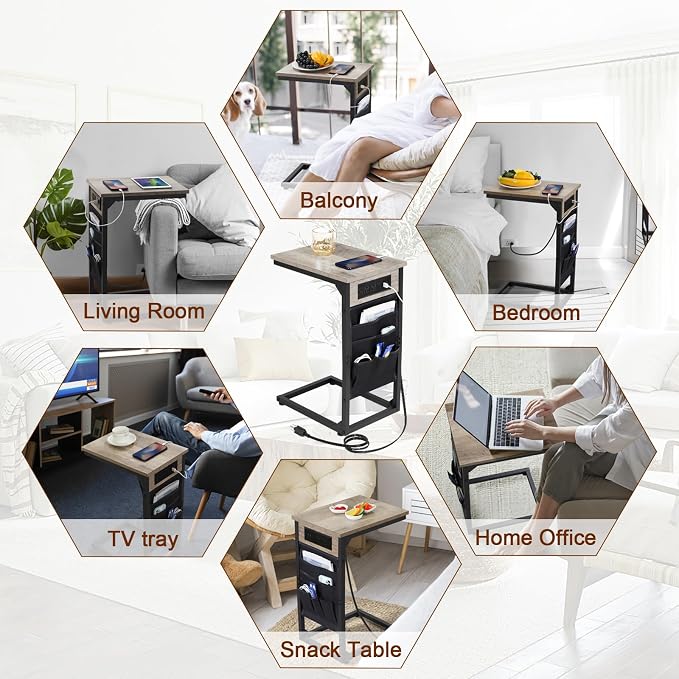 AMHANCIBLE C Shaped End Table with Charging Station, TV Tray Couch Tables with Storage Bag, Slide Under Sofa Side Side Table with USB Ports and Outlets for Living Room, Grey, HET04CGY-1