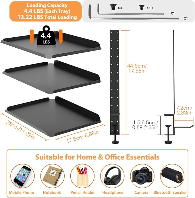 3 Tier Clamp On Desk Shelf, No Drill Desk Extension Shelving Unit with Adjustable Metal Trays & Headphone Stand Above or Under Desk Storage, Heavy Duty Desktop Storage Rack for Home Office