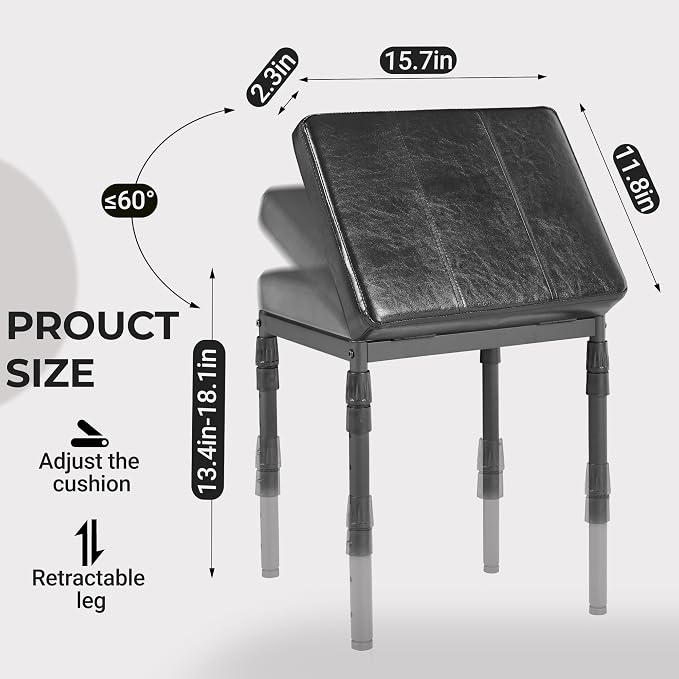 TIOPGHAD Adjustable Ottoman Pouf, 4 Height Position & 60 Degree Tilt Angle Synthetic Leather Ottomans Foot Stools Stool Pouffe FootStool Under Desk for Living Room Home Office(Black Synthetic Leather)