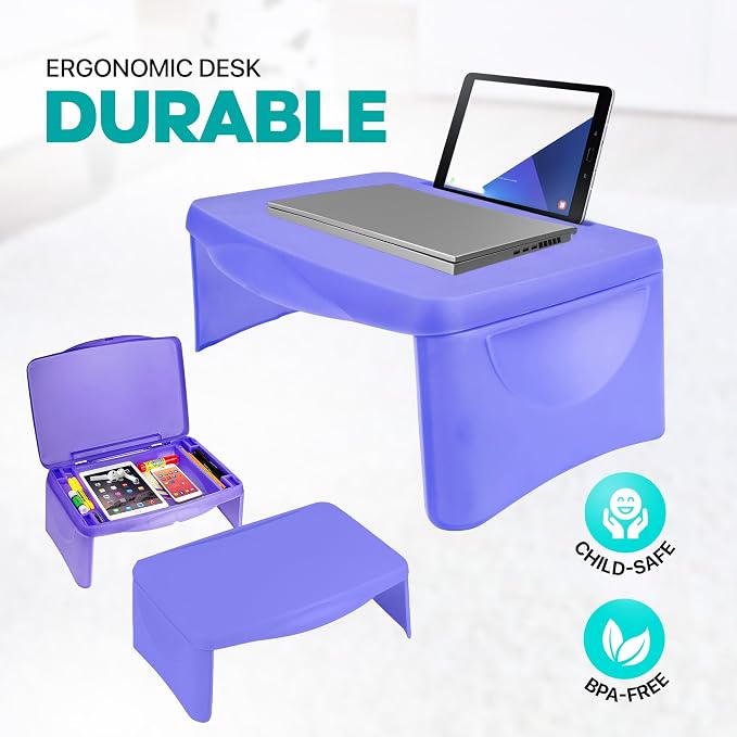 MAVOCRAFT Foldable Kids Lap Tray with Storage - Portable Lap Desk Kids & Adults - Kids Lap Desk for Breakfast in Bed, Serving Tray, Car Desk & Gaming (Purple)