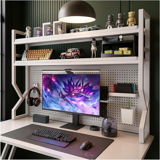 Desktop Hutch Bookshelf,Many Gifts,Metal Desktop Bookcase with pegboard, Desk Shelf White, Countertop Storage Organizer Rack for Dorm or Office,Desktop Shelves(White, 45.3" Lx9.9 Wx39 H)