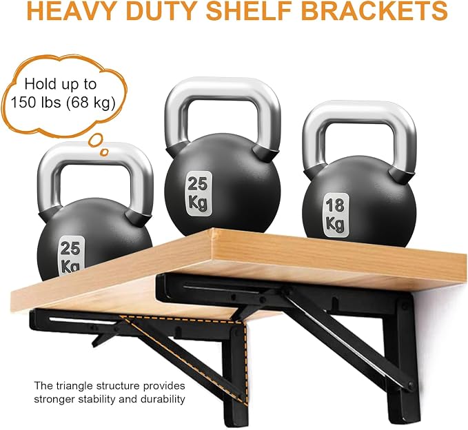 Storystore Folding Shelf Brackets - 18 Inch Heavy Duty Metal Collapsible Shelf Bracket for Bench Table, Shelf Hinge Wall Mounted Space Saving DIY Bracket, Max Load: 150 lb 2 PCS (, Black)