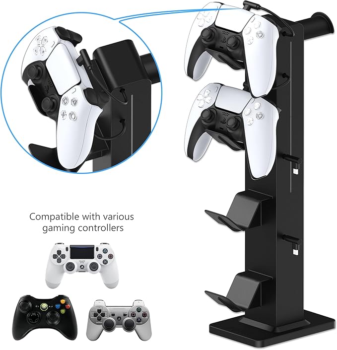 KAFRI RGB Gaming Headphone Stand with Controller Holder, Desk Organizer with Retractable Charger Cable, 2 AC Outlets & 4 Type-C Charging Ports, PC Gaming Accessories for Headset & Controller (Black)