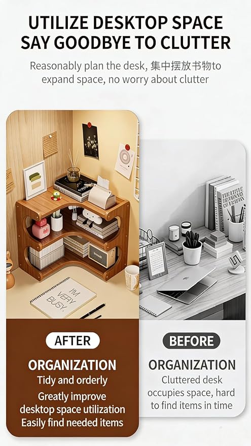 Corner Desktop Organizer Stable Durable, Solid Wood & Multi-Ply Board Corner Storage Shelf Space-Saving Empty Corner Decor with Rounded Edges for Home Office, Bedroom, Living Room and Kitchen