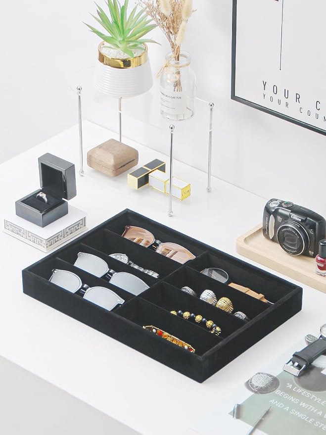 Jewelry Sunglasses Organizer Tray, Black Velvet Eyeglasses Display Tray Box, Glasses Organize Storage Holder for Home Desk or Selling Show Display