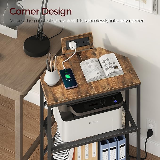 MAHANCRIS Corner Printer Stand with Charging Station, 3-Tier Large Printer Table with Adjustable Feet, Metal Frame Storage Shelf for Office, Living Room, Small Space, Rustic Brown PTHR14E01