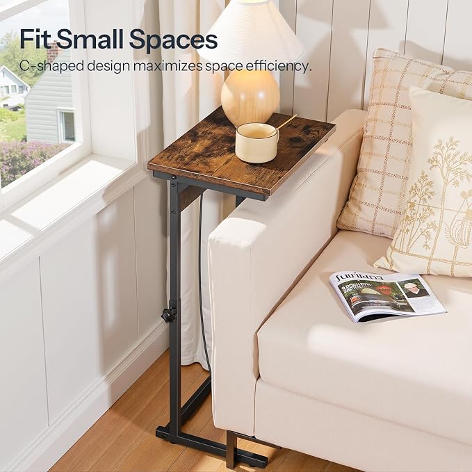 HOOBRO C-Shaped End Table with Charging Station, Adjustable Height Sofa Tray Side Table, Slide Under Couch Arm Table, Small C Side Table for Small Space in Living Room, Bedroom, Rustic Brown BF71USF01