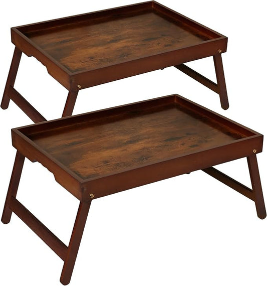 Breakfast Tray with Folding Legs Set of 2, Bamboo Bed Tray Table 15.7" Foldable TV Dinner Tray with Ergonomic Wave Handles for Bed Couch Sofa, Breakfast, Snacks, Coffee, Vintage Walnut
