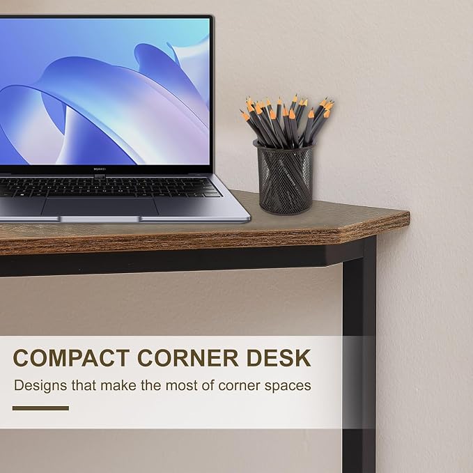 VECELO Corner Desk,Office Tables for Living Room for Small Space Triangle Computer Desk with Steel Frame Corner Shelves with Metal Frame Writing Desk for Workstation Classic Brown 33.1" 2 Set