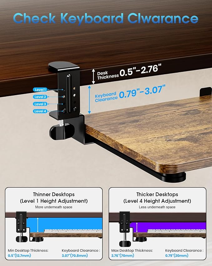 Small Keyboard Tray Under Desk, Pull Out Keyboard & Mouse Tray with Adjustable C-clamp, 20(25.9 Including Clamps) x 11.8 Inch Slide Out Computer Keyboard Drawer Mouse Tray for Typing, Brown