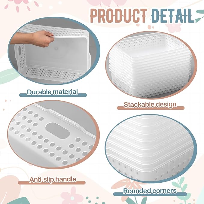 Geetery 12 Pack Classroom Storage Baskets with Handle 14''x10'' Paper Tray Holds A4 Turn in Trays Plastic Paper Baskets Desk Organizer Bin for Classroom, Library, Office, Home (Clear)