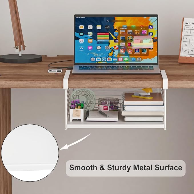 Under Shelf Storage Basket, Hanging Wire Basket with 1.13 Inches Thick Clips for Kitchen, Pantry or Laundry Room, Under Cabinet or Desk Storage Organizer, White, 13.75" L-Solid Bottom, 2 Pack