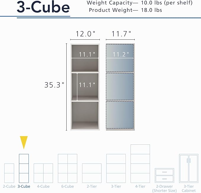 Homes: Inside + Out Apexa 3-Cube Storage Organizer Shelves, Stackable Wood Bookcase Fits Cubby Bins for Organization, Dorm Teen Room Decor & Home Office, Taupe Grey