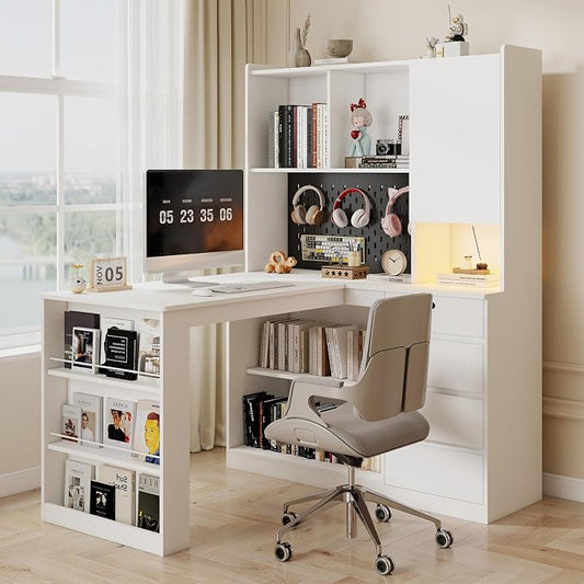 Zevemomo L Shaped Desk with Hutch and 4 Drawers, Computer Desk with USB Ports, Power Outlets & LED Light, Wood Corner Computer Desks with Storage Shelves for Home Office, White, Left Long
