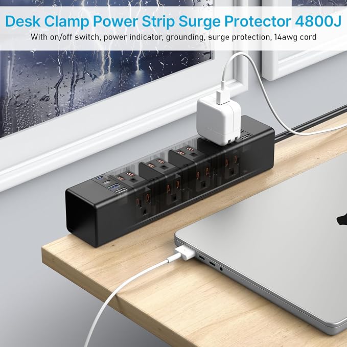 CCCEI 45W Per Side USB-C Desktop Outlet Station, Clamp Power Strip Surge Protector 4800J, Home Office Standing Desk Organizers and Accessories, 6FT 14AWG 15A Extension Cord, Switch, ETL Listing.