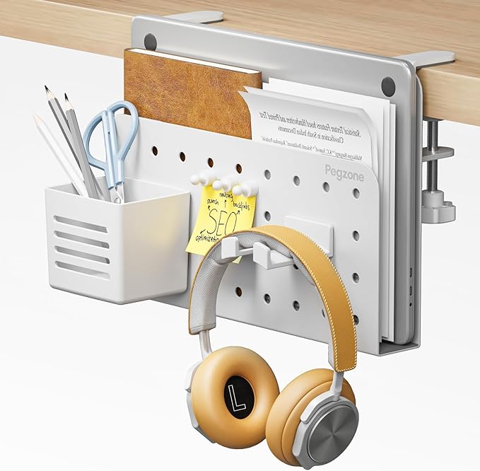 PEGZONE Desk Side Storage Organizer, No Drill Under Desk Laptop Holder, Clamp on Desks Shelf with Pegboard Accessories, Hanging Laptop Mount, Fits Flat Edge 0.4" to 2.2", White