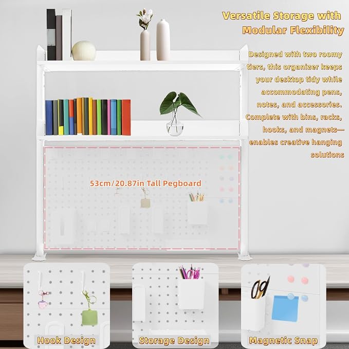Clamp on Desk Pegboard, 39.4" W x 37.4" H Desk Extender Pegboard Bookshelf Computer Desk Accessories with Shelf for Tool Organizer Office, Privacy Panel for Gaming Desk, White