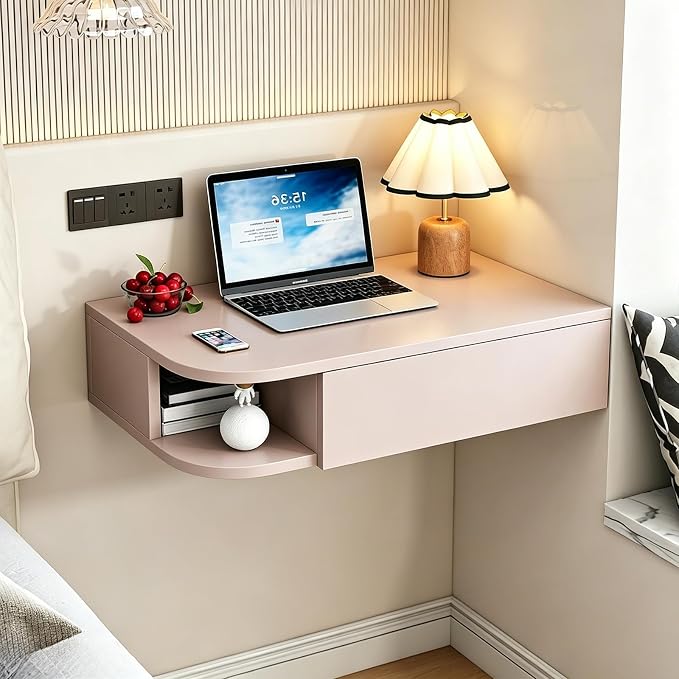 Corner Floating Desk with Drawer, Wall Mounted Desk with Open Shelving, Floating Makeup Vanity with Storage, Scratch-Resistant, Space Saving, for Bedroom Living Room Small Spaces Apartment