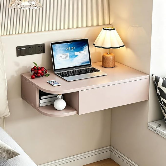 Corner Floating Desk with Drawer, Wall Mounted Desk with Open Shelving, Floating Makeup Vanity with Storage, Scratch-Resistant, Space Saving, for Bedroom Living Room Small Spaces Apartment
