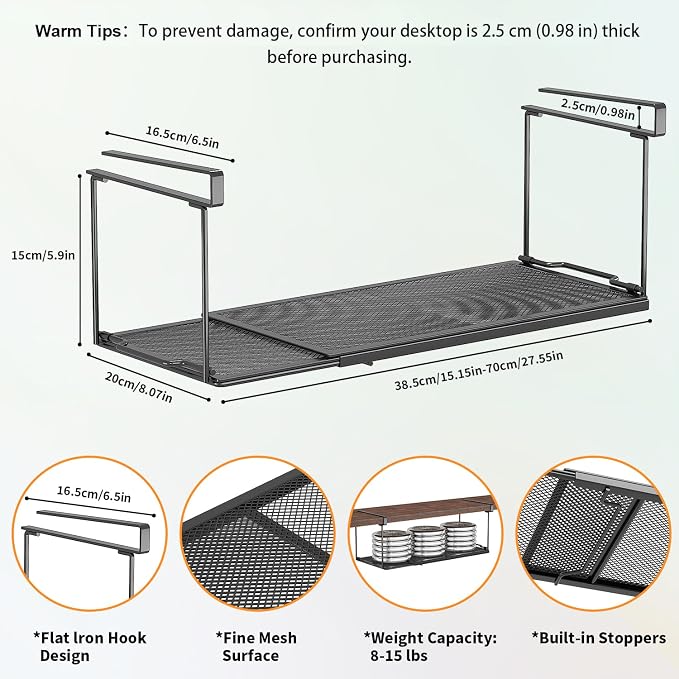 1 Pack Expandable Under Cabinet Shelf, Under Shelf Basket with 0.94 Inches Thick Clips for Kitchen Cupboard, Metal Hanging Under Desk Basket for Laundry Room, Cabinet, Shoe Rack