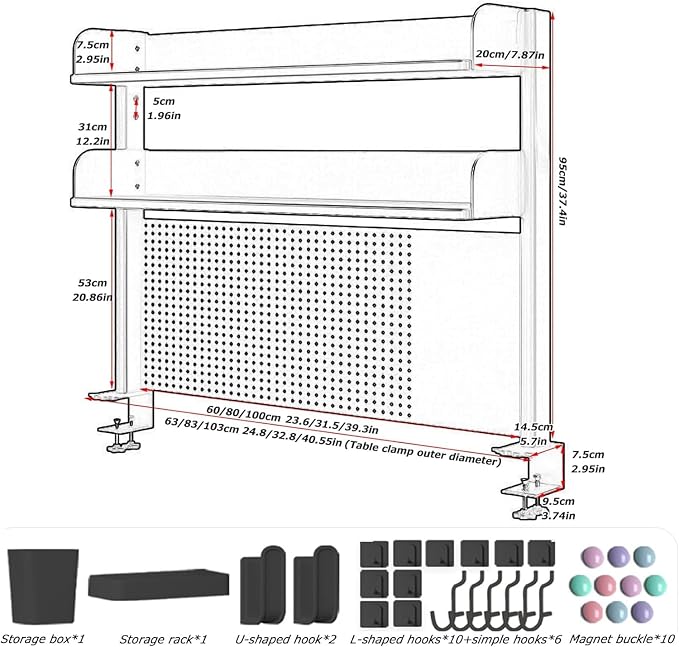 Clamp-on Desk Organizer Shelf - Adjustable Pegboard Workstation, Computer Desk Accessories for Office & Gaming, Space-Saving Desktop Shelving System (23.6/31.5/39.3in)