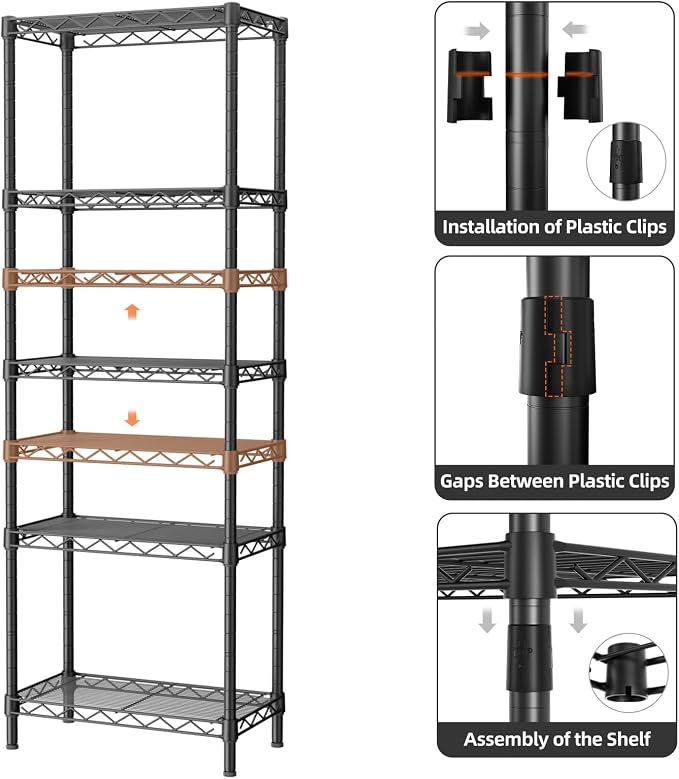 Golpart Small 5 tire Shelves Storage Wire Shelving Unit Metal Shelf Adjustable Organizers Storage Shelving for Bathroom Laundry Room Kitchen Pantry10”D x 16”W x 55”H Black