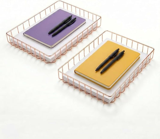 Elegant Gold Wire Desk Tray Organizer - Multipurpose A4 Letter Size File Tray, Premium Metal Mesh Document & Magazine Holder, Storage Basket for Office, Vanity, & Bathroom, Rose Gold, 2 Pack