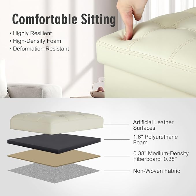 Ottoman with Storage, Slim Tall Foot Rest Stool with Thicker Foam Padded Seat. Folding Leather Storage Ottoman Furniture with Handles & Side Pocket for Living Room Bedroom 350 lbs, 17x13x17in, Beige