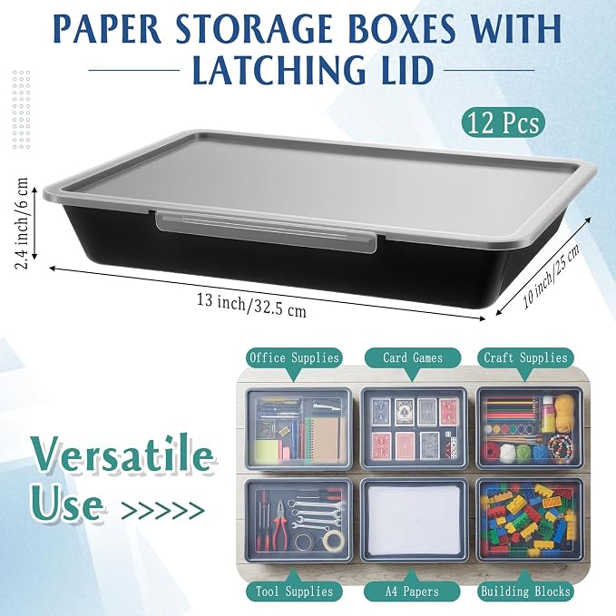 Tinlade 12 Pcs Classroom Paper Storage Bins with Clear Latching Lid, Label Stackable Letter Size Flat Tray Container for Teacher Back to School Supplies Home Office Desk Arts Crafts (Black,13x10in)