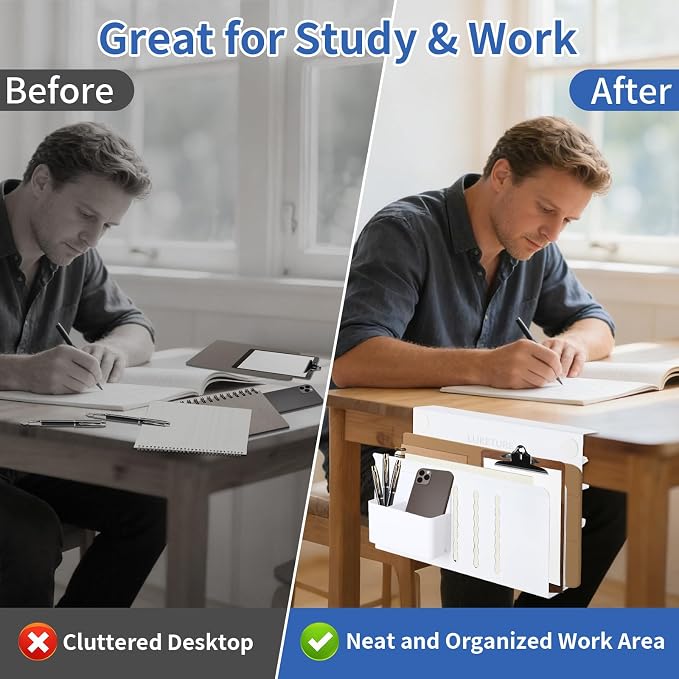 LUKETURE Laptop Holder, Steel Desk Side Storage, No Drill Standing Desk Accessories, Laptop Mount with Pen Holder, Back to School Supplies, Fits Flat Edge Tables 0.3" to 2.8" (White, L(2 Tier))