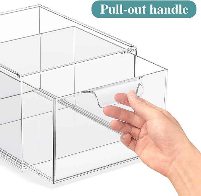 SpaceHacks 2 Pack Stackable Makeup Organizer and Storage, Acrylic Organizers，Clear Plastic Storage Drawer with Handles for Vanity, Undersink, Kitchen Cabinets, Pantry