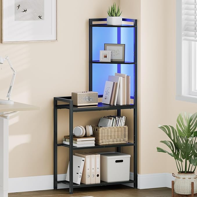 HOOBRO 5-Tier Corner Shelf Stand, Corner Shelf with LED Light, 56.3" Tall Corner Bookshelf, Display Rack Storage Organizer with Table, for Small Spaces, Living Room, Entryway, Black BB69DCJ01