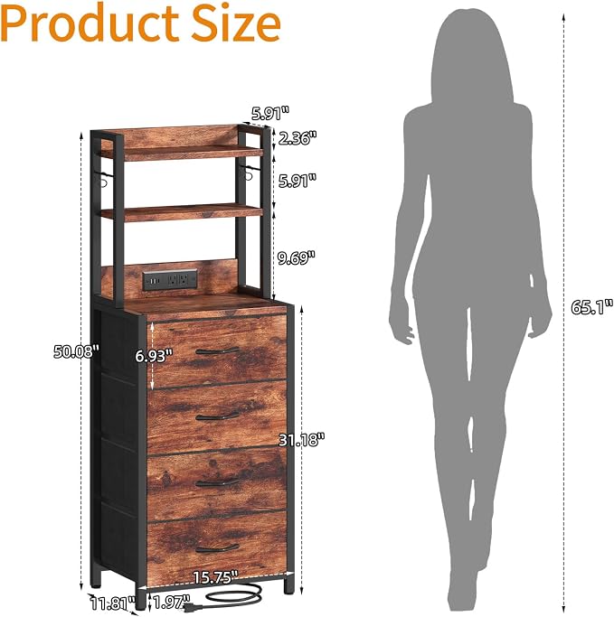 Tall Nightstand with LED Light, LED Night Stand with Charging Station and USB Type C Port, Bedside Table with 4 Fabric Drawers for Bedroom, Dorm, Office (Brown)