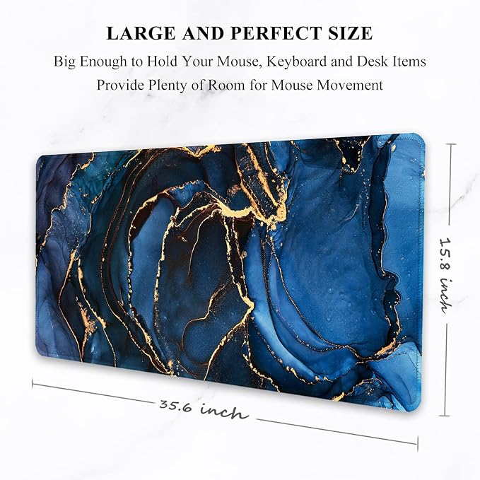 Auhoahsil Large Mouse Pad, XXL Desk Pad, Extened 35" x 15", Non-Slip Rubber Base, Stitched Edges, Superior Surface, Waterproof Keyboard Mat, Large Mousepad for Gamer, Office & Home, Dark Blue Marble