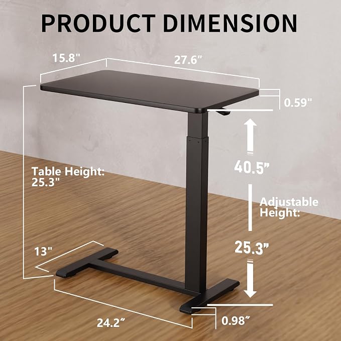 Ywin Medical Overbed Table in Black, Pneumatic Lift Adjustable Bedside Table with Wheels for Hospital and Home, Rolling Tray Desk for Couch, Bed, Recliner (Black)