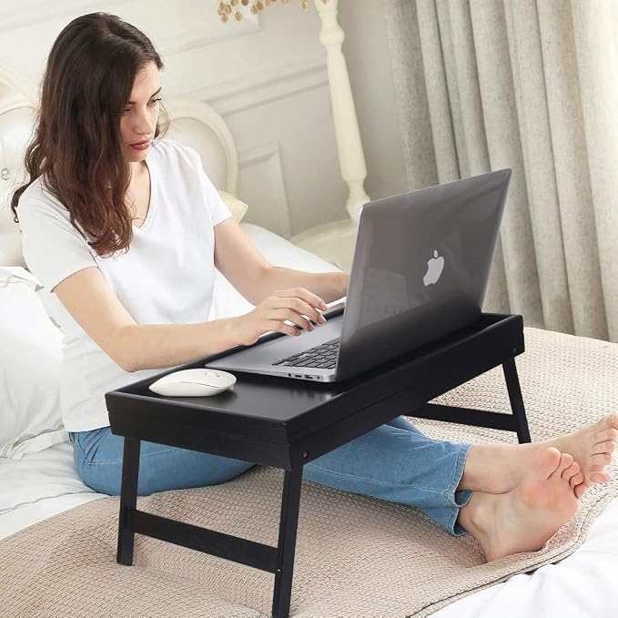 Artmeer Bed Tray Table Breakfast Food Tray with Folding Legs Kitchen Serving Tray for Lap Desks Notebook Computer Bed Platters TV Snack Tray, Adjustable (Black)