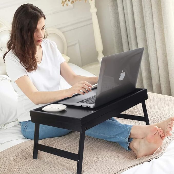 Artmeer Bed Tray Table Breakfast Food Tray with Folding Legs Kitchen Serving Tray for Lap Desks Notebook Computer Bed Platters TV Snack Tray, Adjustable (Black)